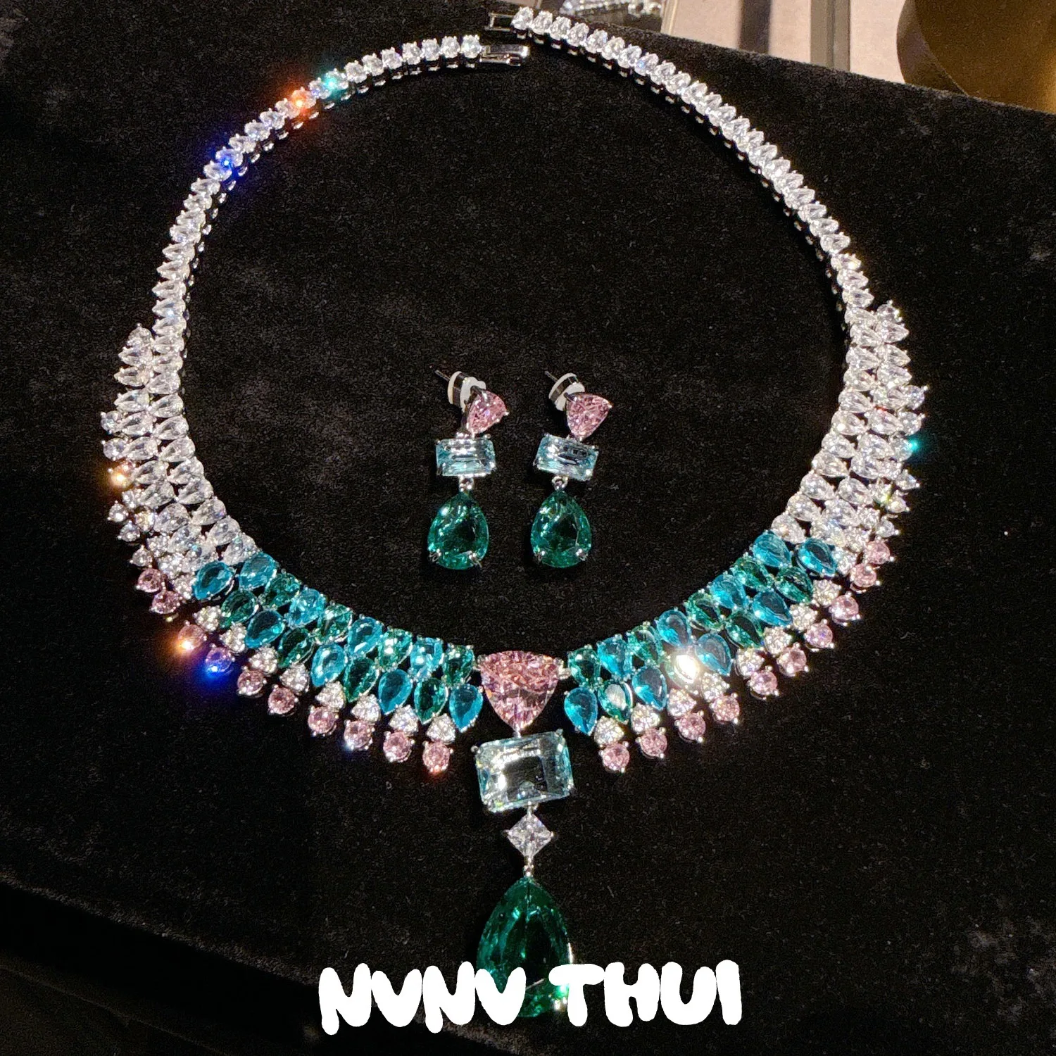 

Ожерелье с драгоценными камнями в форме капли воды Galaxy Star и комплект серег с градиентом аквамарина, сверкающий комплект ювелирных изделий для женщин