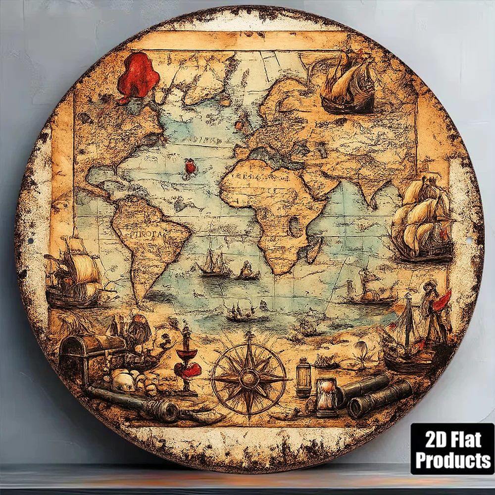 CIFBUY Vintage Nautical World Map Aluminum Wall Art Waterproof Rustproof Metal Decor for Living Room Study Bar