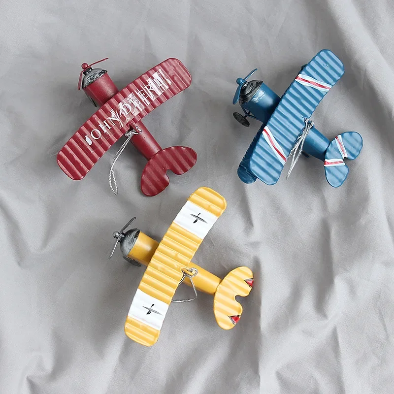 1Pc Mini Biplane Figurines for Home Decor Metal Iron Air Plane Model Aircraft Vintage Hanging Planes Miniature Kids Gifts