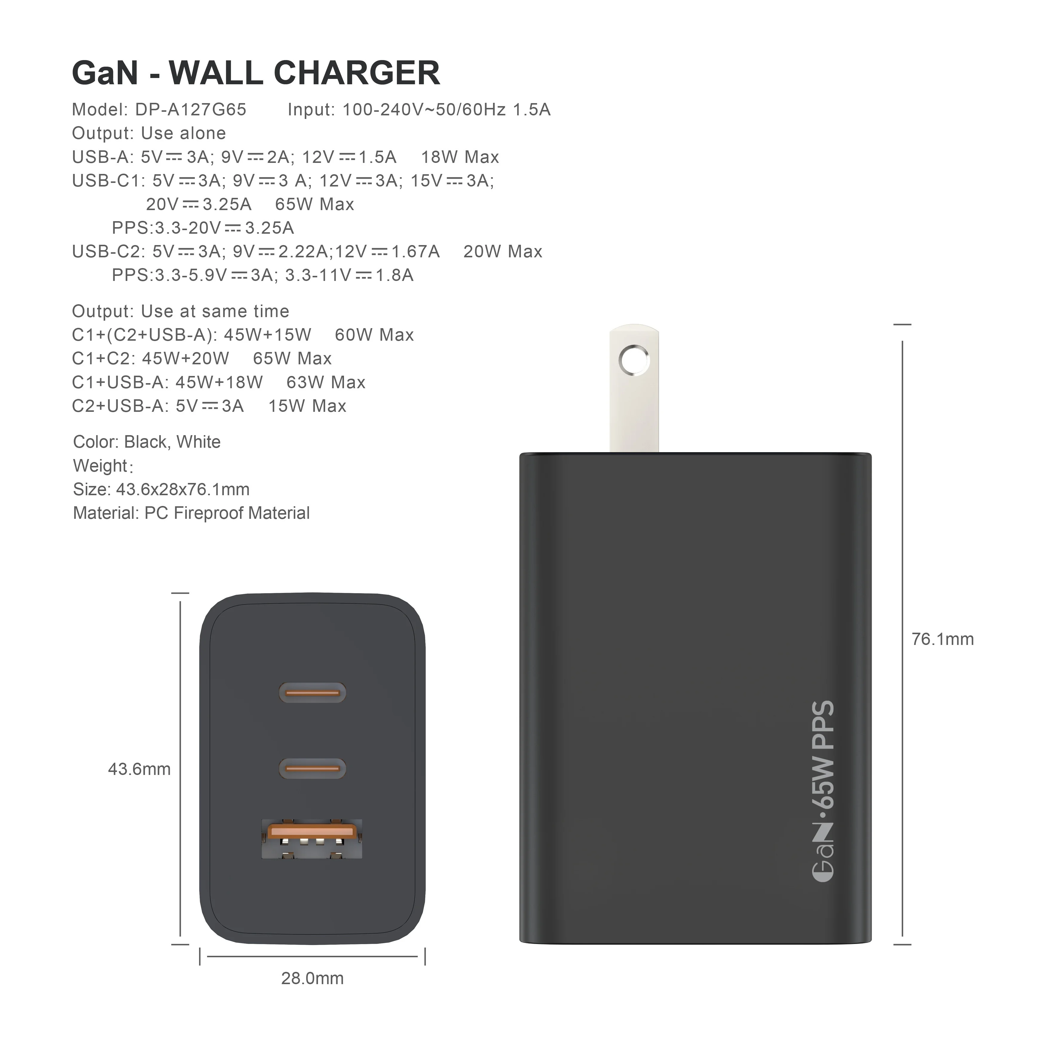 65W USB C Charger 3 Ports Travel GaN Charger With 6.6FT Type-C Cable For IPhone16/15/15 Pro/15 Pro Max/15 Plus, Ipad, Laptop