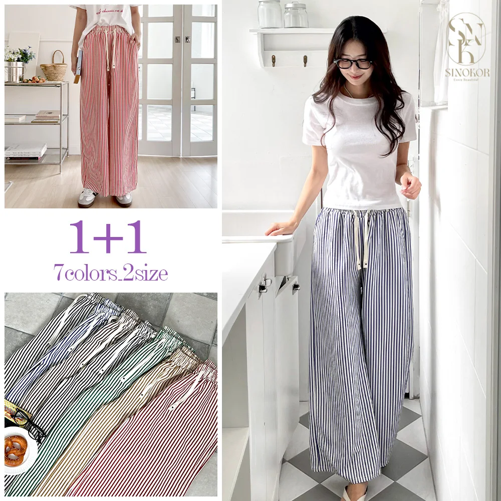 1+1 Sinocco Women's Bridge Stripe Wide Banding Pants 2Size 7Color