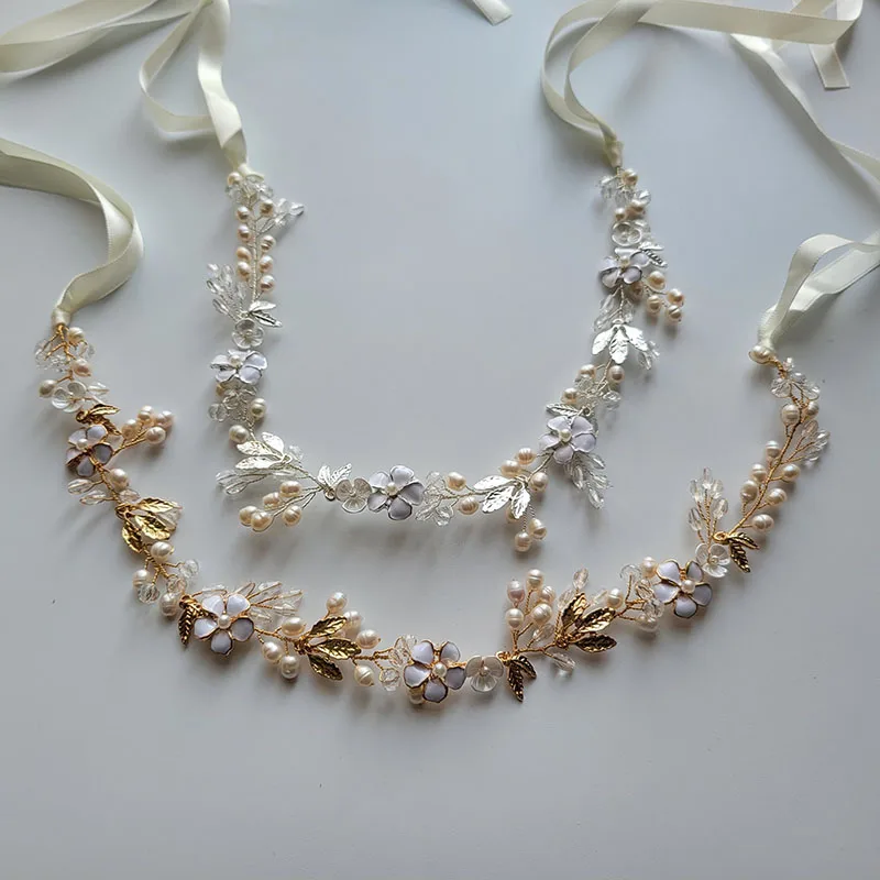 SLBRIDAL Handmade Crystals Freshwater Pearls Flower Leaf Bridal Headband Hair Vine Bridal Hair accessories Women Girls Jewelry