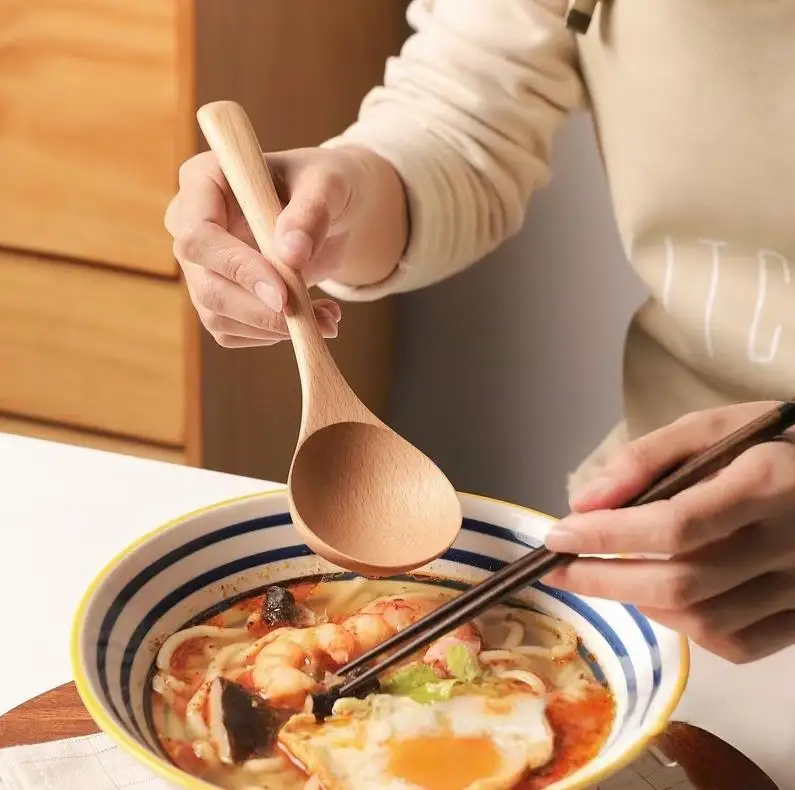Japanese Style Big Wood Round Soup Spoon Beech Wooden Rice Ramen Scoop Spoons Kitchen Tableware 20x6cm ni672
