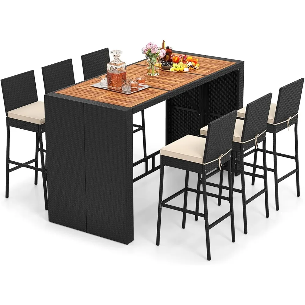 

7 Piece Patio Wicker Bar Set, Patiojoy Outdoor Acacia Wood Bar Height Table & 6 Rattan Bar Stool Chairs with Backrest and Footr