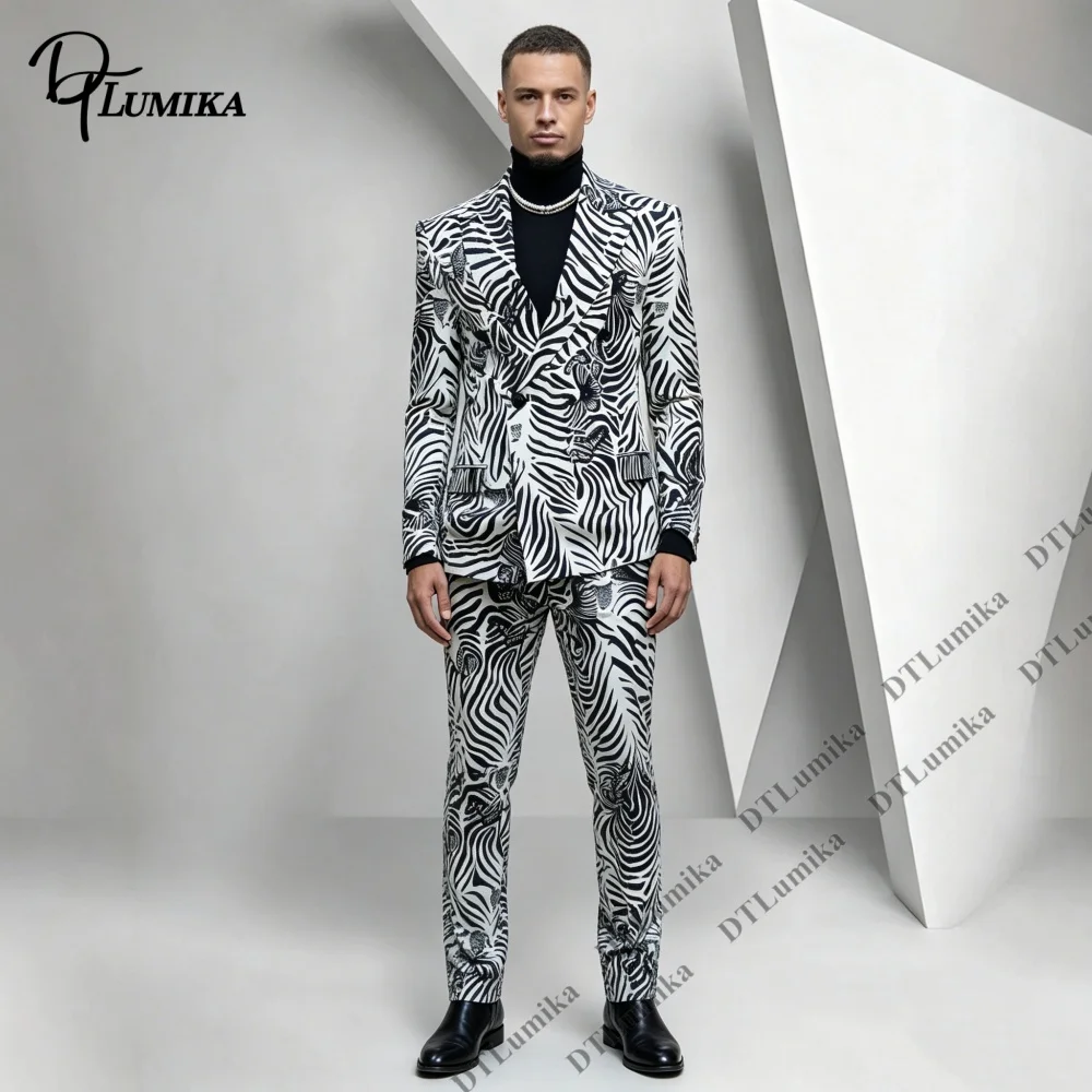 Black White Zebra Stripe Print Men 2 Piece Suit Double Breasted Blazer Matching Trousers Outfit For Street Shoot Stage Show