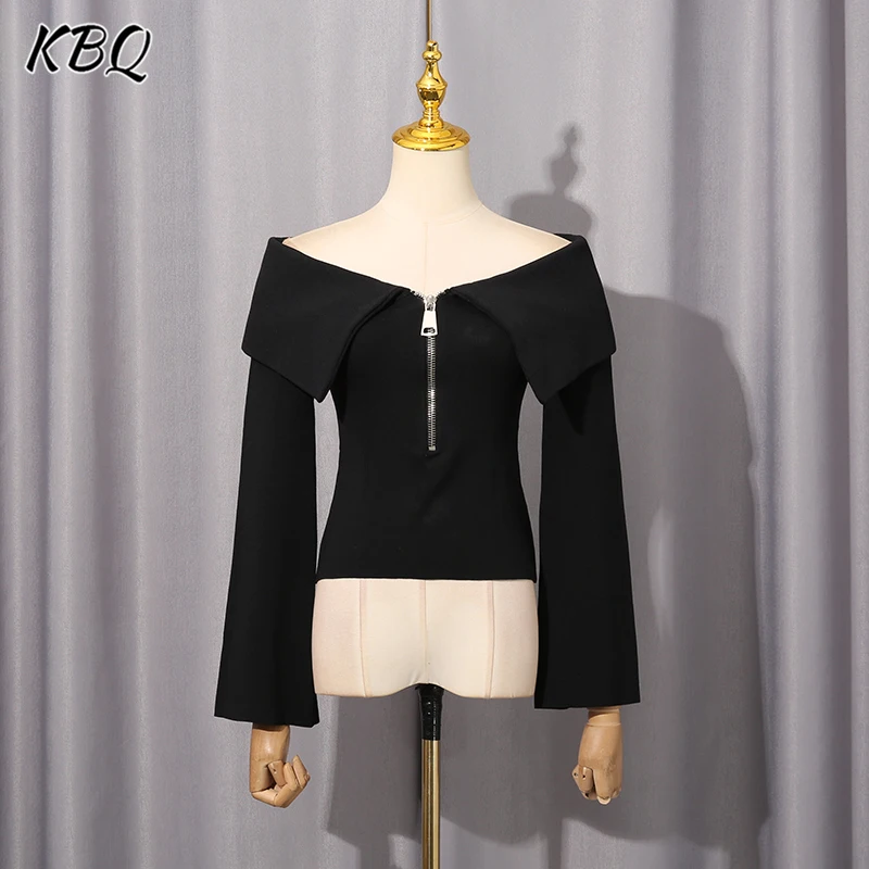 

KBQ однотонные утягивающие футболки на молнии с открытой спиной для женщин, элегантная рубашка с вырезом на плечах и рукавами, женская мода, новинка