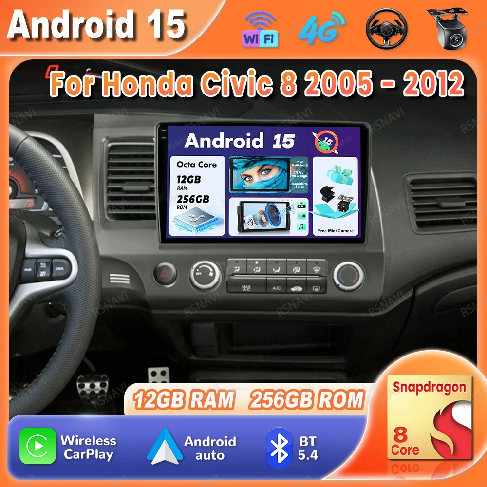 

Car Radio Android 15 For Honda Civic 8 2005 - 2012 Navigation Multimedia DVD DSP Wireless Carplay Auto 5G WIFI Stereo QLED BT