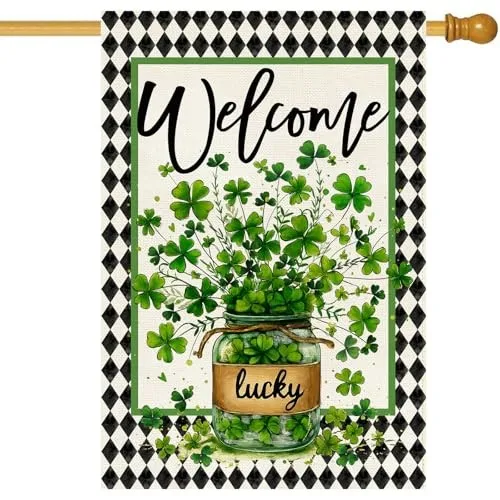 St Patricks Day House Flag 28 X 40 House Size(28 x 40 Inch) Shamrock Vase OOV IIC