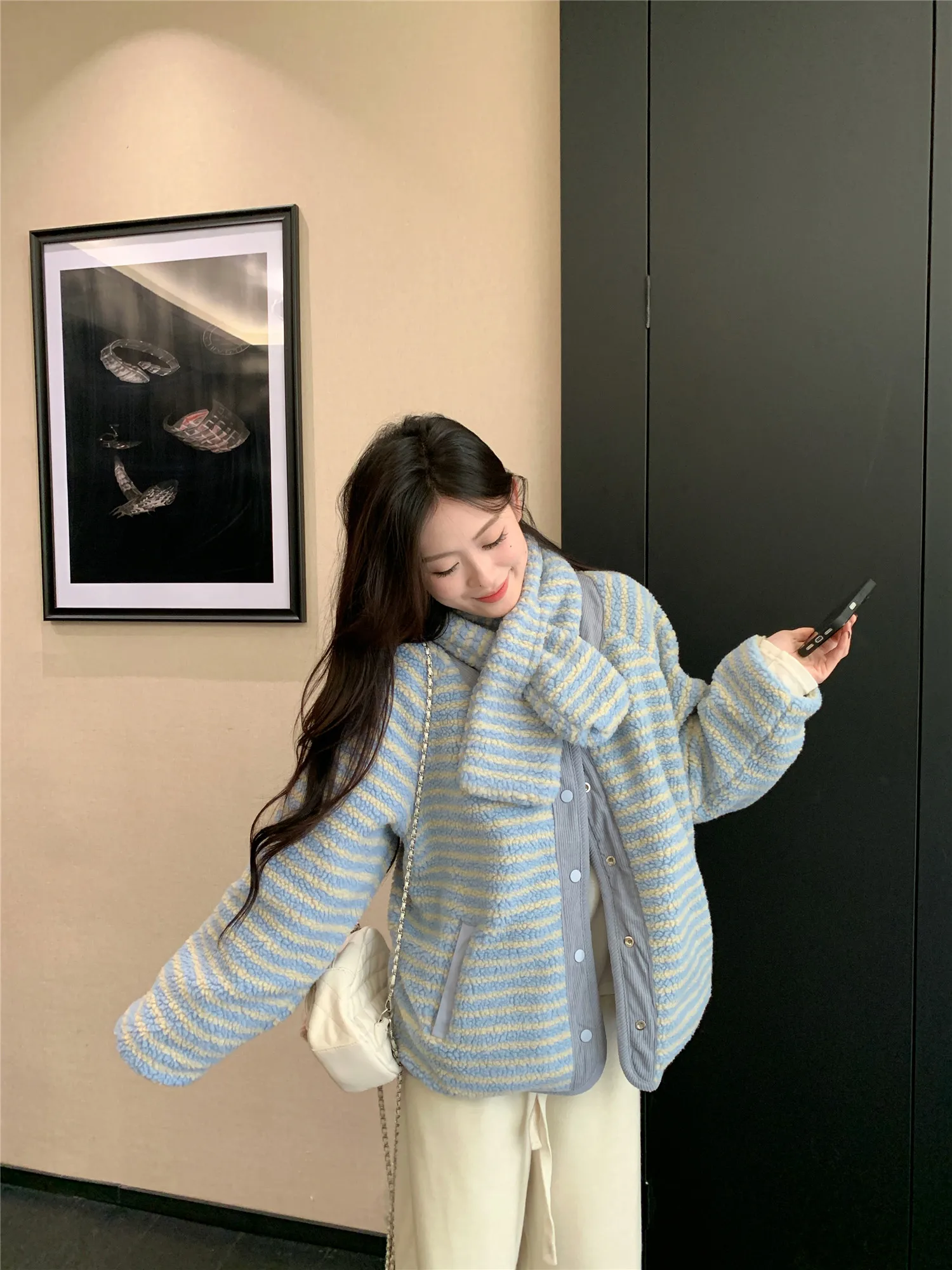 Korean Sweet Two Side Wear Padded Jacket Women Fleece Lined Thick Warm Parkas Woman Lazy Style Stripe Scarf Winter Jackets
