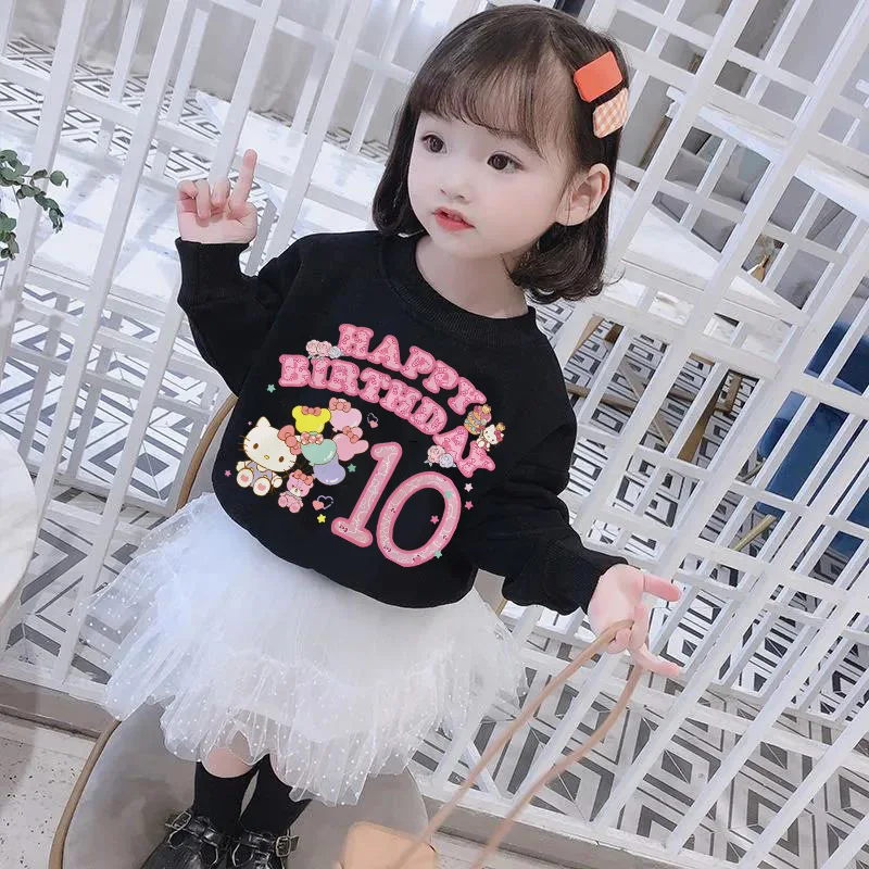 Children Sweatshirts Hello Kitty Birthday Number 1-14 Y2k Kawaii Sanrio Pullover Anime Cartoons Casual Clothes Girl Boy Kids Top