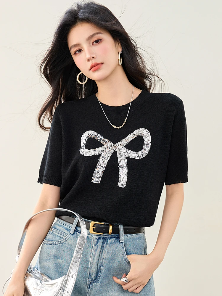 T-shirt girocollo con fiocco maglione lavorato a maglia a maniche corte per le donne 2025 estate nuova moda casual top versatili