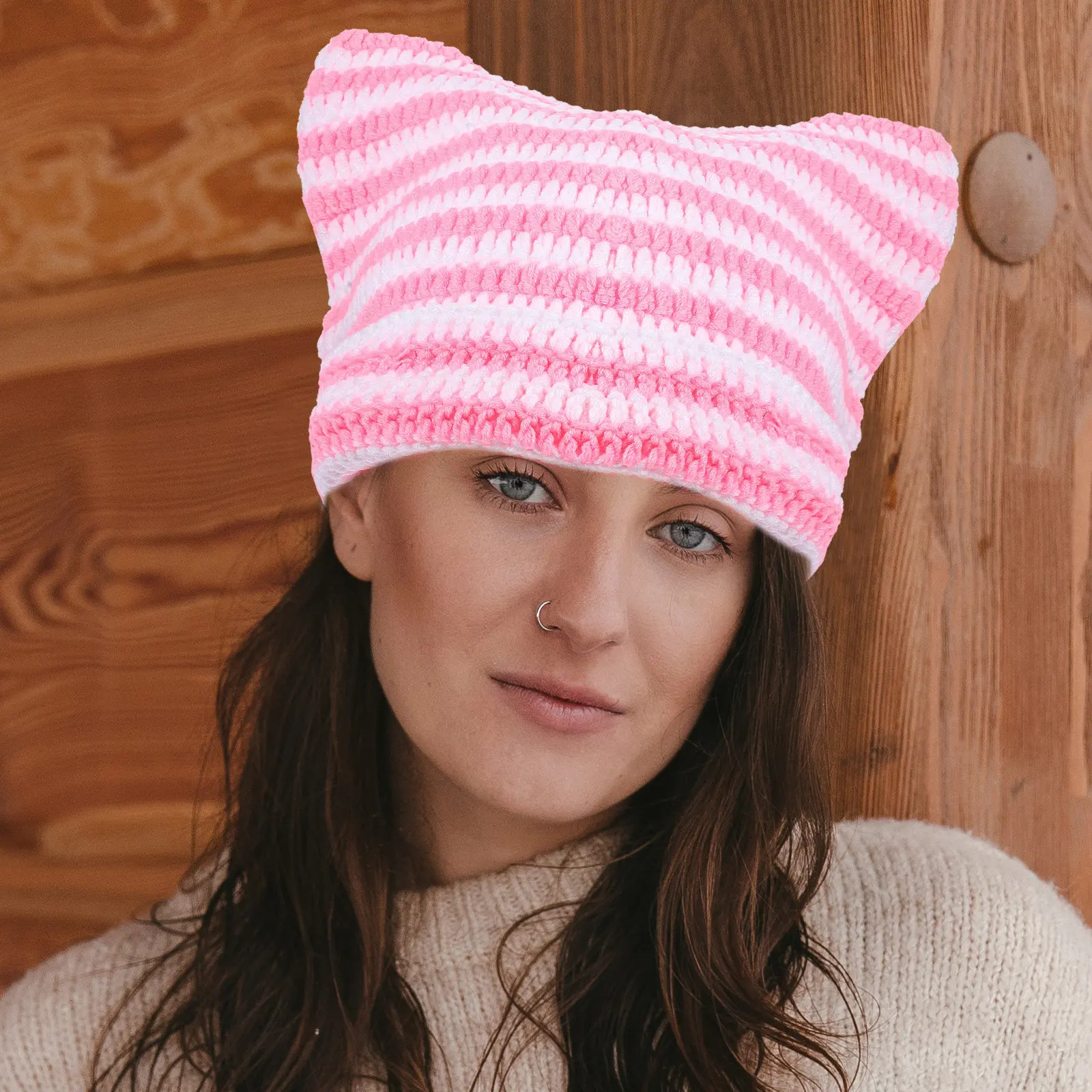 Stylish Twisted Knit Cat Ear Winter Beanie Hat for Women Men Unisex Warm Soft Skin-Friendly Knitted Cap Outdoor Activity Head
