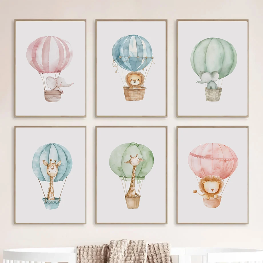 Blue Pink Hot Air Balloon Boho Safari Animal Lion Elephant Giraffe Poster Diamond Painting Print for Nursery Kids Room Home De
