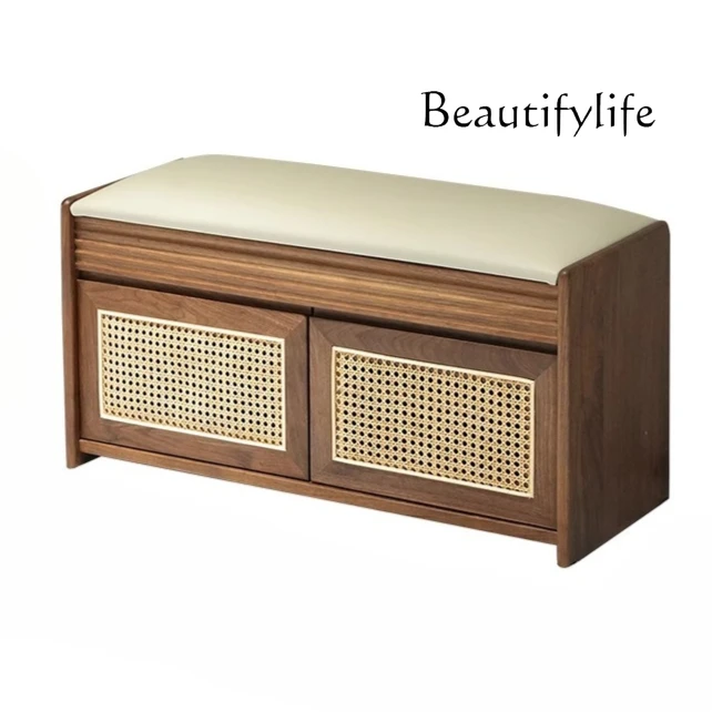 

Black walnut shoe changing stool shoe cabinet integrated household retro flip storage door shoe stool