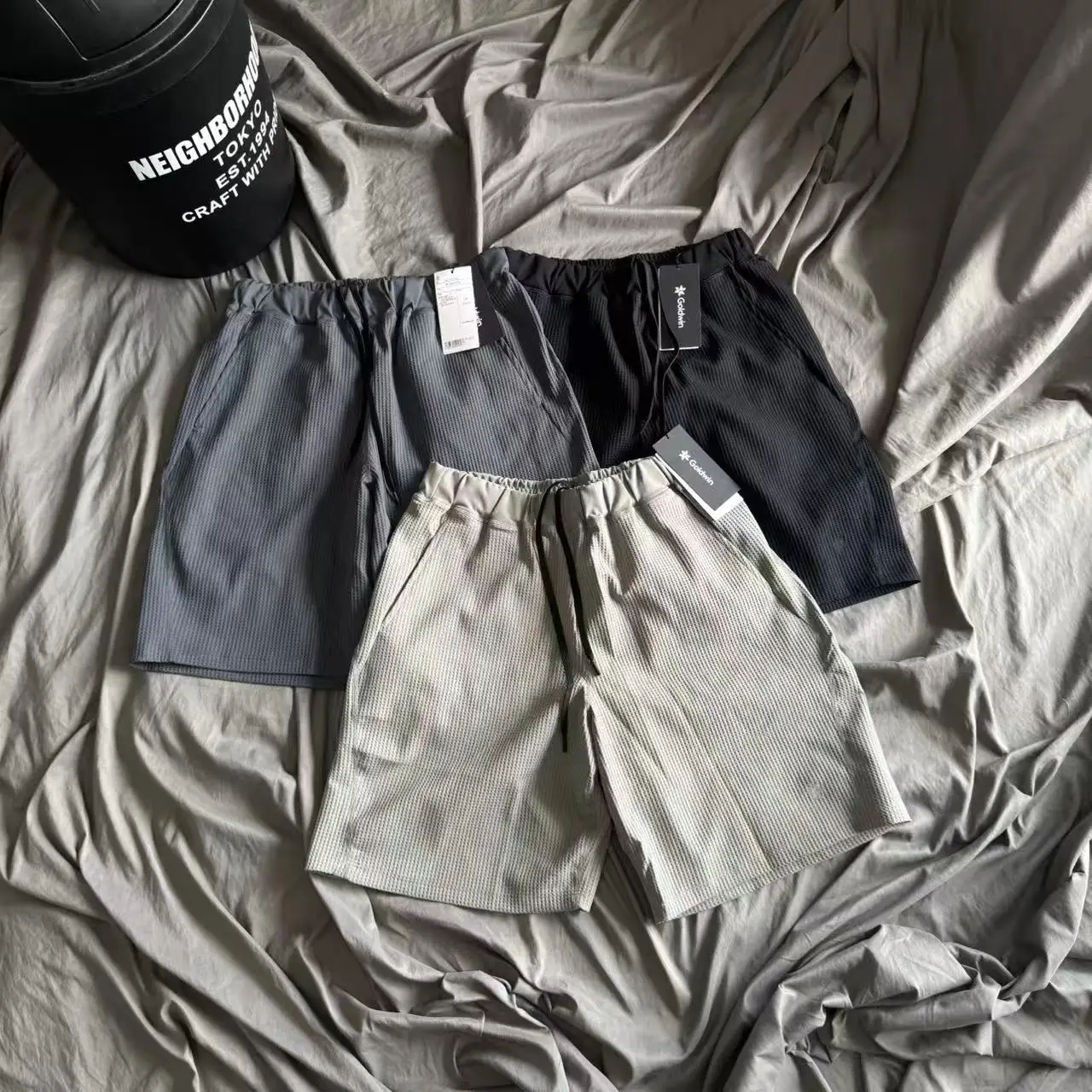

Waffle Fabric Goldwin Shorts Solid Black Gray Shortpants Men Women High Quality Loose Drawstring Breathe Sports Short Pants GYM