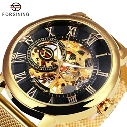 Forsining Classic Gold Mechanical Watch Retro Transparent Skeleton Mens Watches Top Brand Luxury Mesh Stainless Steel Strap Glow