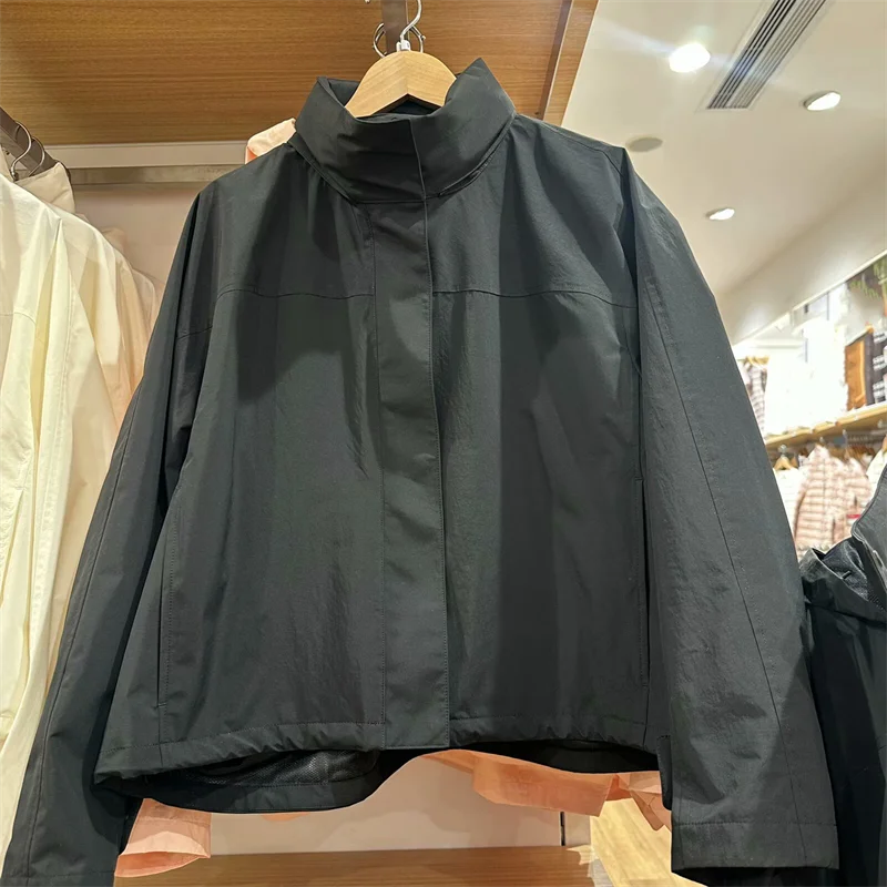 Women's Spring 2026 Windproof Stand Collar Hooded Jacket Simple Versatile Color Coat Straight Tube pe Regular Top