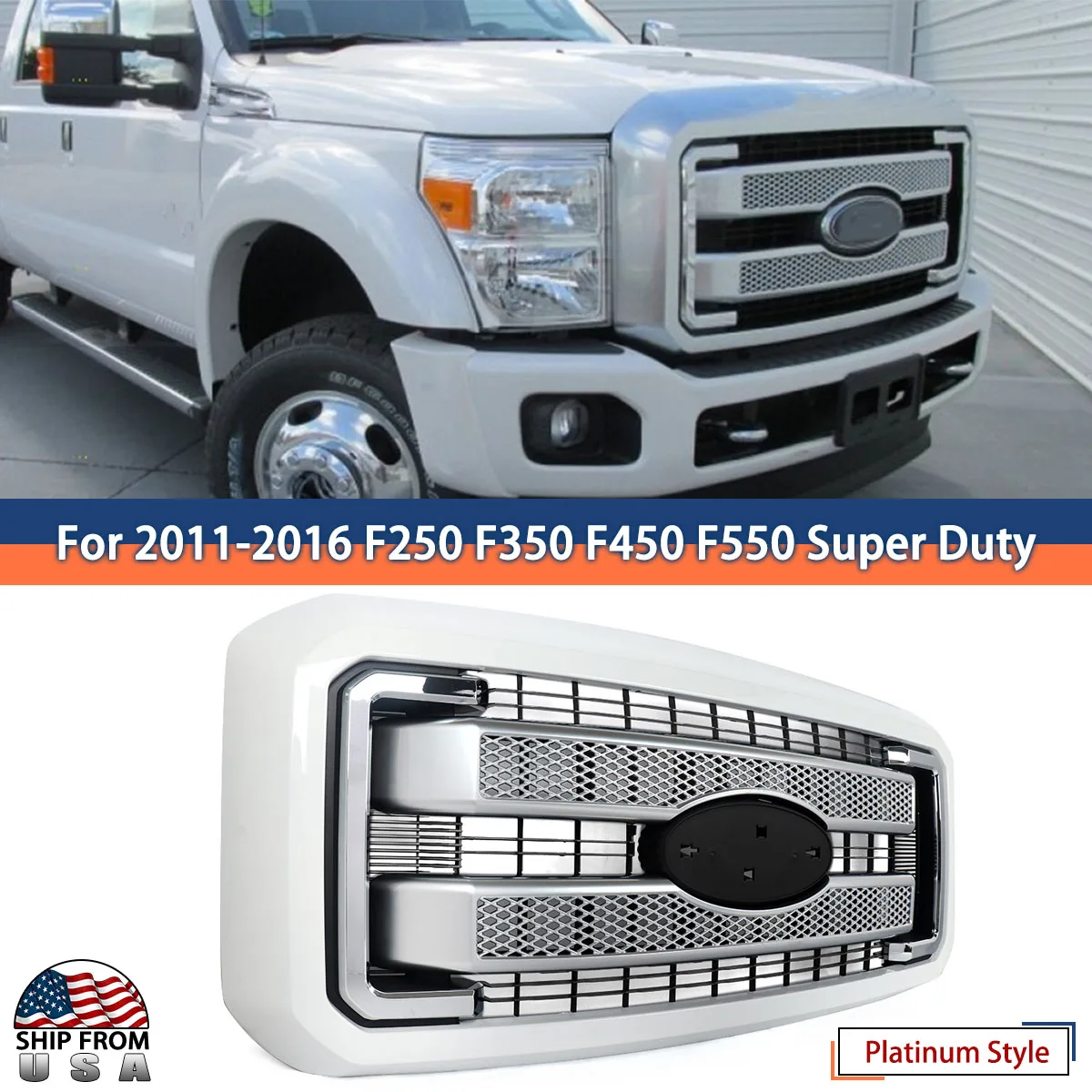 Oxford White YZ/Z1 For 2011-2016 F250 Front Grille Assembly F350 F450 F550 Super Duty Front Upper Bumper Grille with satin Inset