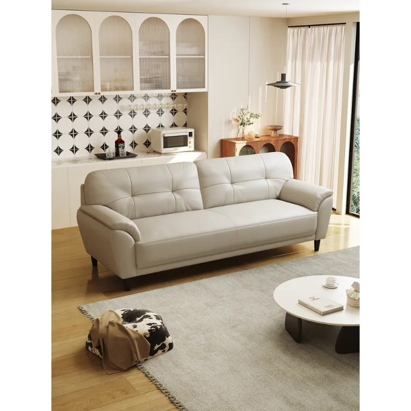 Double small apartment leather sofa living room retro style three-person first-layer cowhide sofa straight row