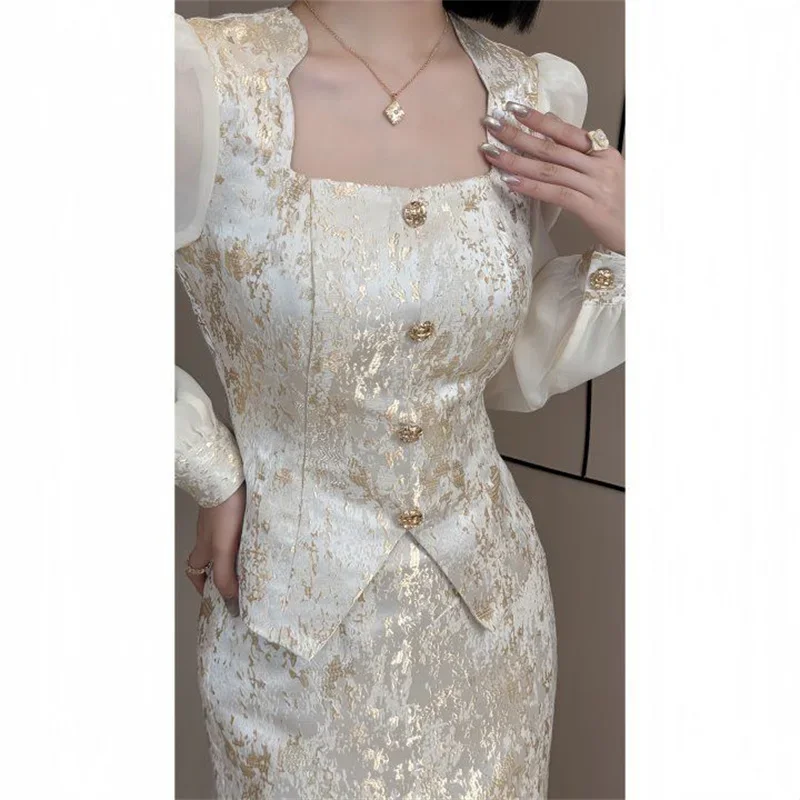 New High Quality Fashion Party Women's Two Pieces Set French Luxury Jacquard Patchwork Tops+High Waist Midi Skirt Women's Suit image 6