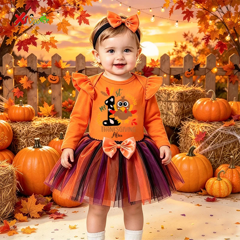 My First Thanksgiving Outfits Personalized Baby Girl 1st Thanksgiving Outfit Custom Turkey Ruffle Romper Tutu Skirt Fall Holiday