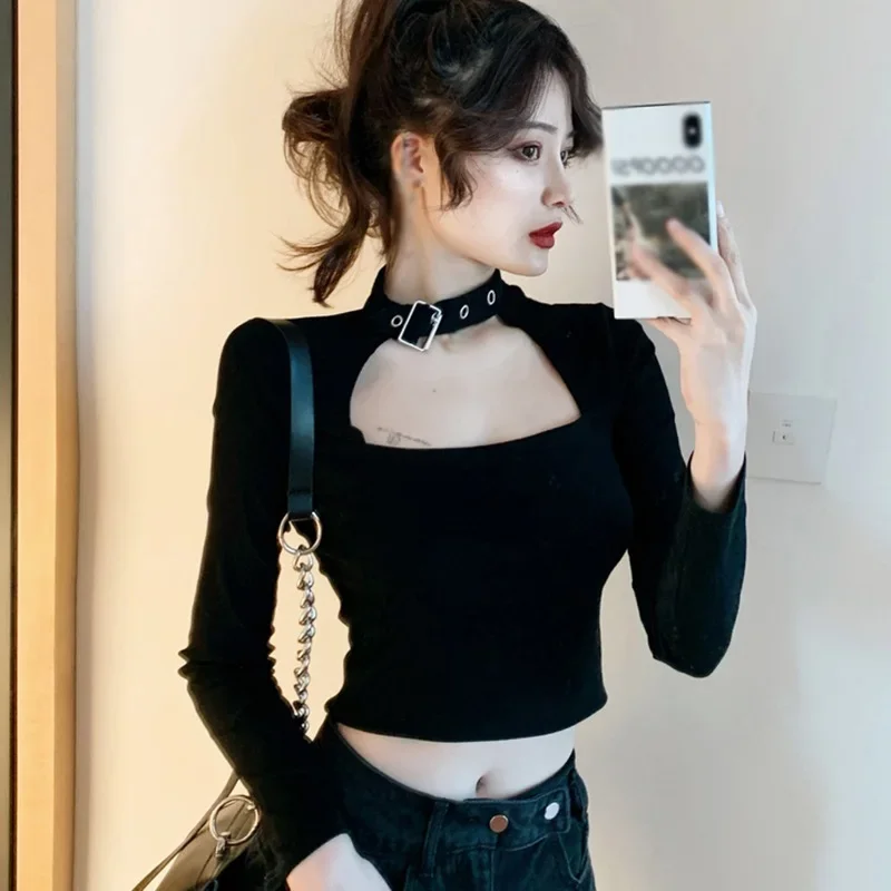 

Fashionable Trend Outfits Personality Women's Square Collar Slim Halter Neck Top Sexy Navel Exposed Long Sleeved T-Shirt Tops