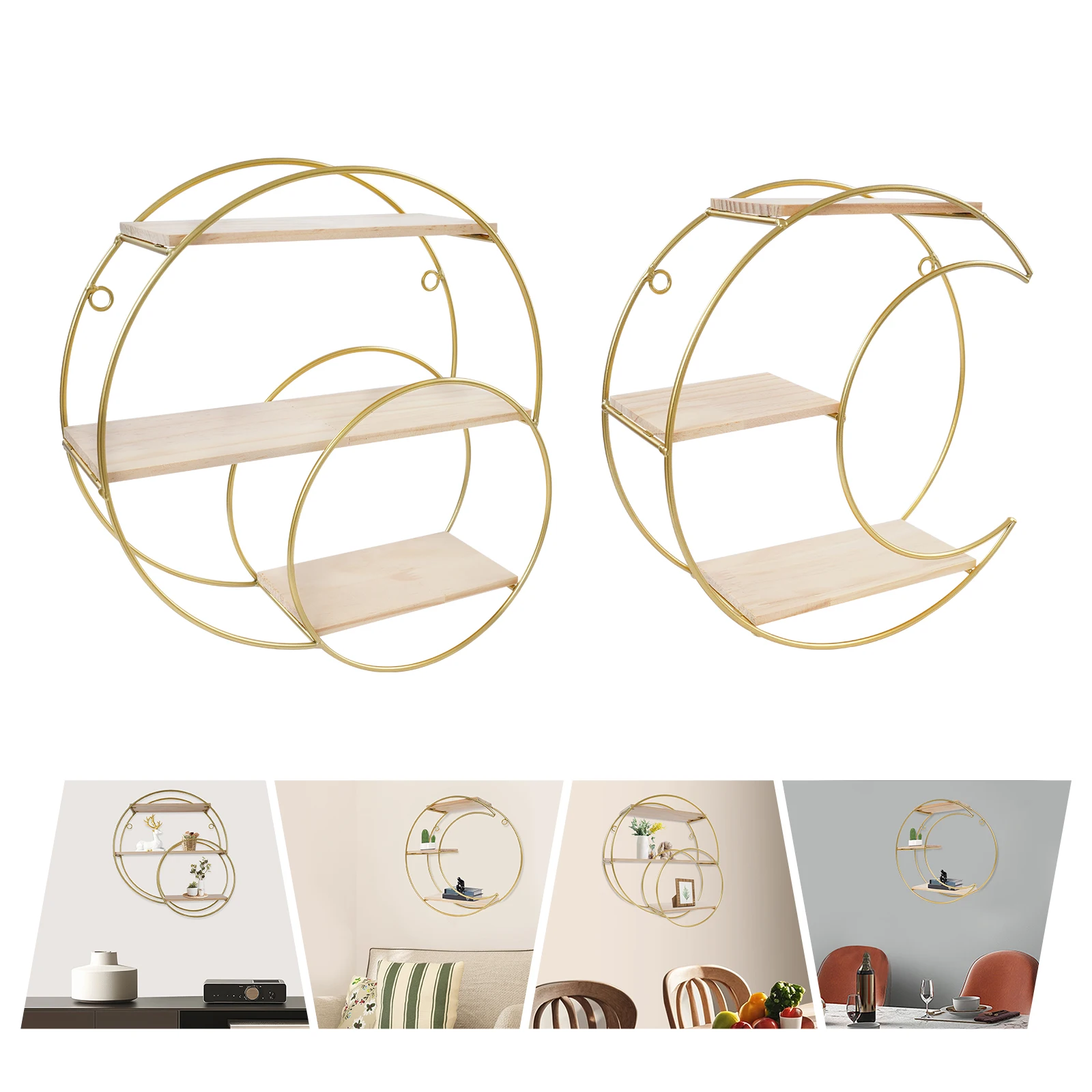 

3-уровневая железная витрина для хранения, золотая круглая/круглая настенная полка с луной для гостиных