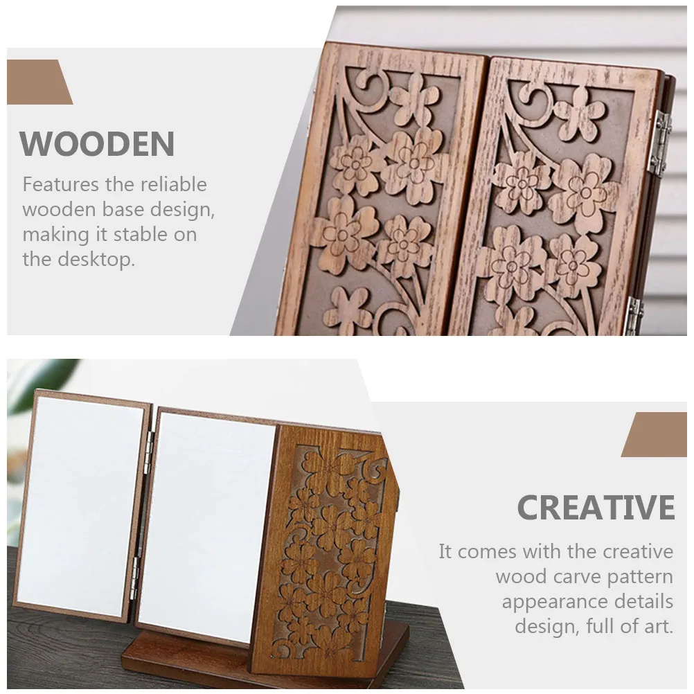 

1pc Vintage Wooden Trifold Foldable Makeup with Carved Pattern Desktop for Women Stable Base Carve Pattern