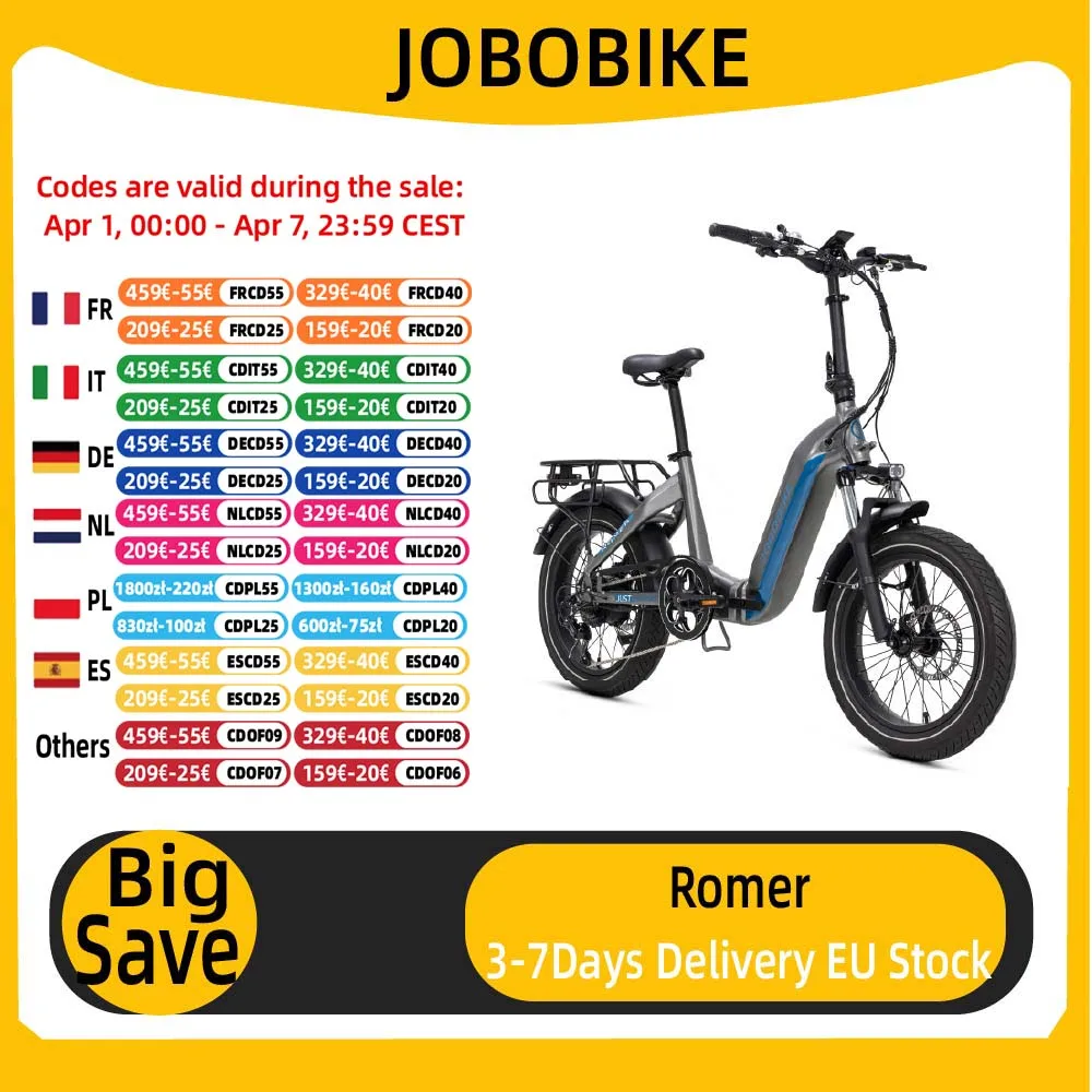 Vélo électrique JOBOBIKE Romer 20 pouces, pneus larges, 250W, batterie 48V15AH, cadre pliable, vélo électrique urbain pour les trajets en ville