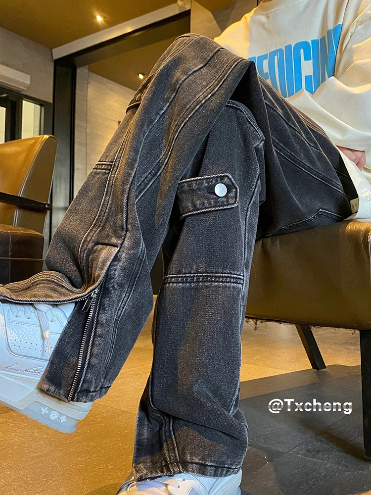 

American Retro Washed Denim Jeans Men's Design Zipper Pants Trendy Loose Straight Loggers Workwear Youth Spring Autumn