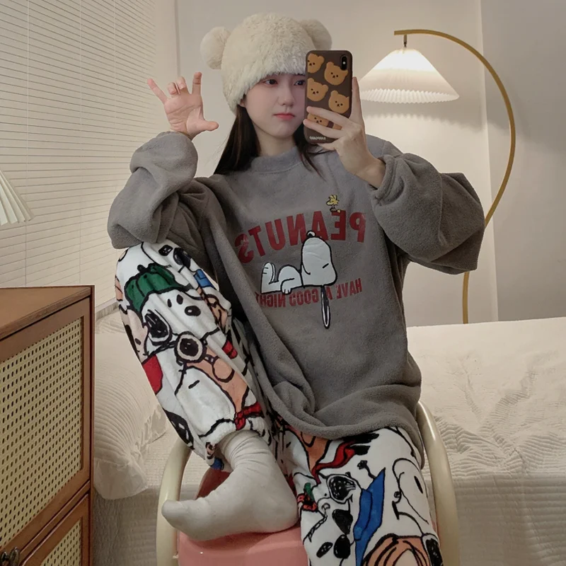 

Anime Japanese Snoopy Coral Velvet Thickened Pajamas For Women In Autumn And Winter Flannel Warm Home Set Couple Pajamas Gift
