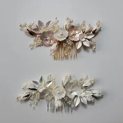 SLBRIDAL Handmade Crystal Rhinestone Pearls Ceramic Flower Bridal Hair Comb Wedding Hair Accessories Bridesmaids Women Jewelry