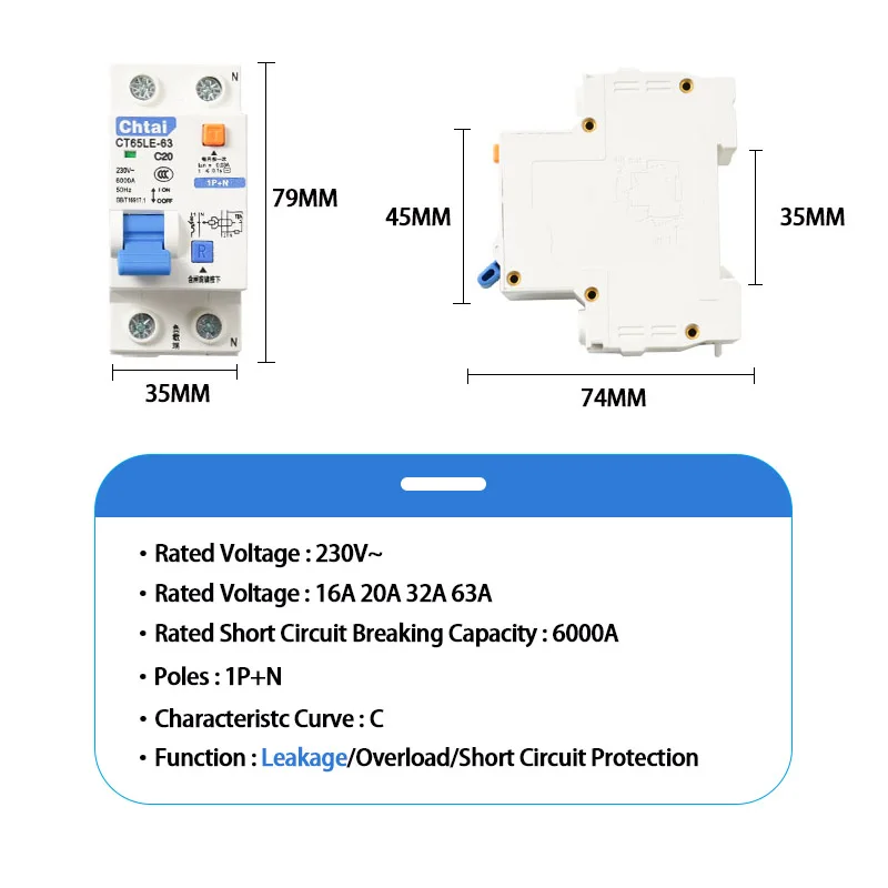 16A 20A 32A 63A 1P+N AC 220V/230V Residual Current Circuit Breaker Overcurrent Short Leakage Protection MCB RCBO RCCB TPNL DPNL