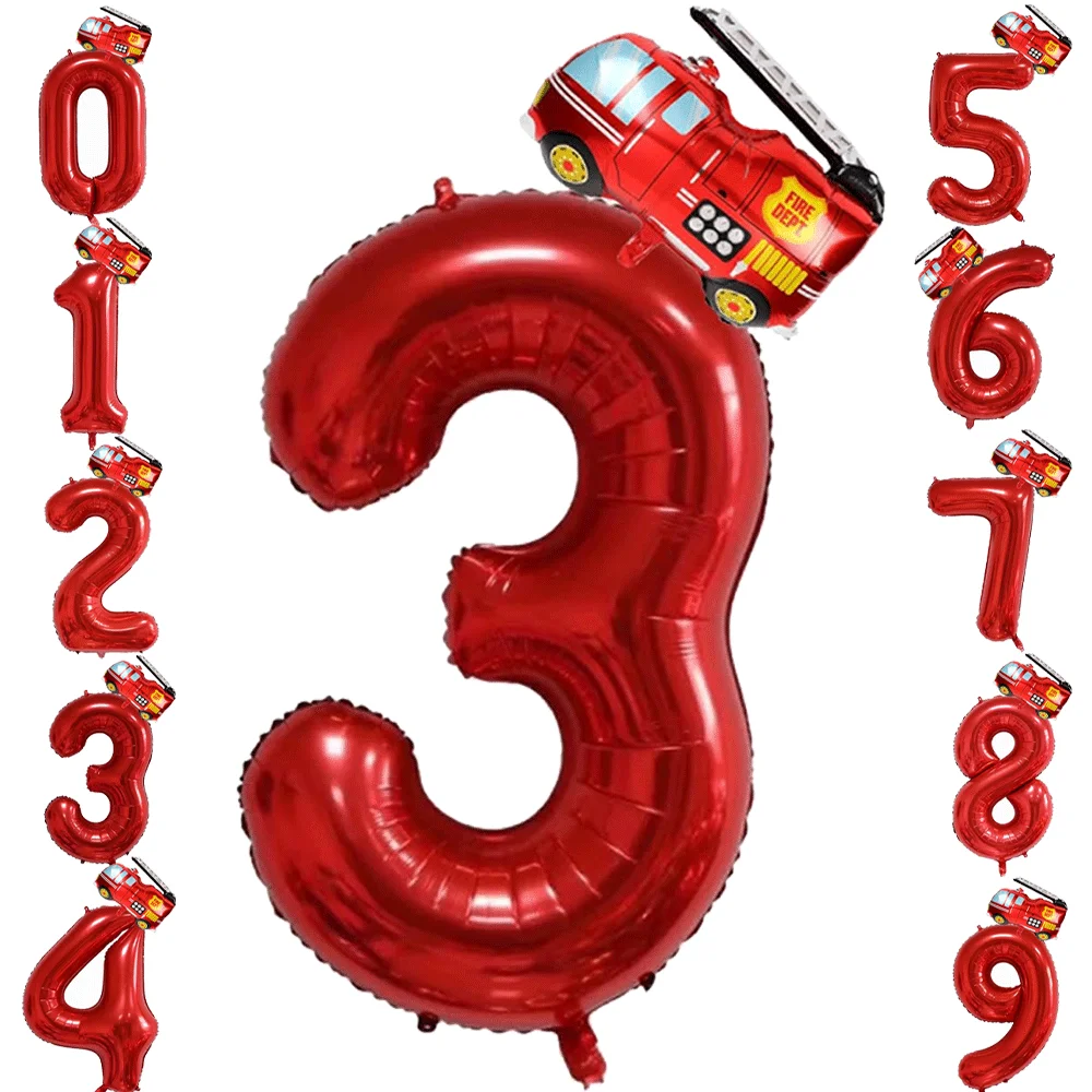 Firefighter Party Supplies Digital0-9 Number Balloon Mini FireTruck Foil Helium Balloon Kids Birthday Fireman Rescue Party Decor