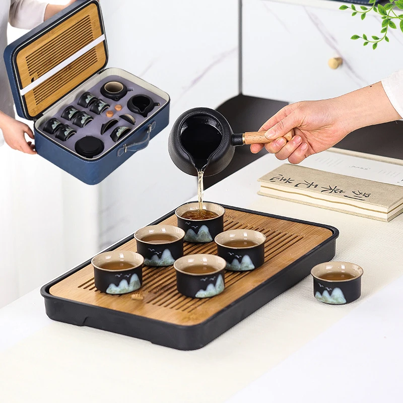 

1PC Convenient Teapot Tea Cup 11pcs Bamboo Tea Tray Japanese Travel Kung Fu Ceramic Hand drawn Tea Set with Tray and Storage Box