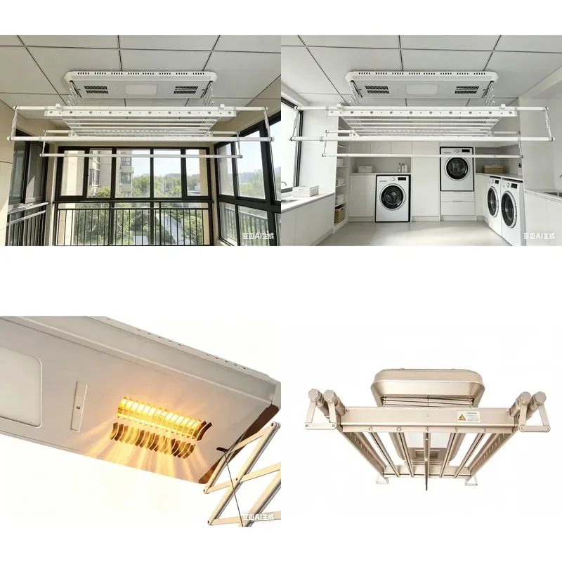 Home Aluminum Ceiling-Mounted Electronic Home Foldable Laundry Drying Rack Heating LED Lighting Remote