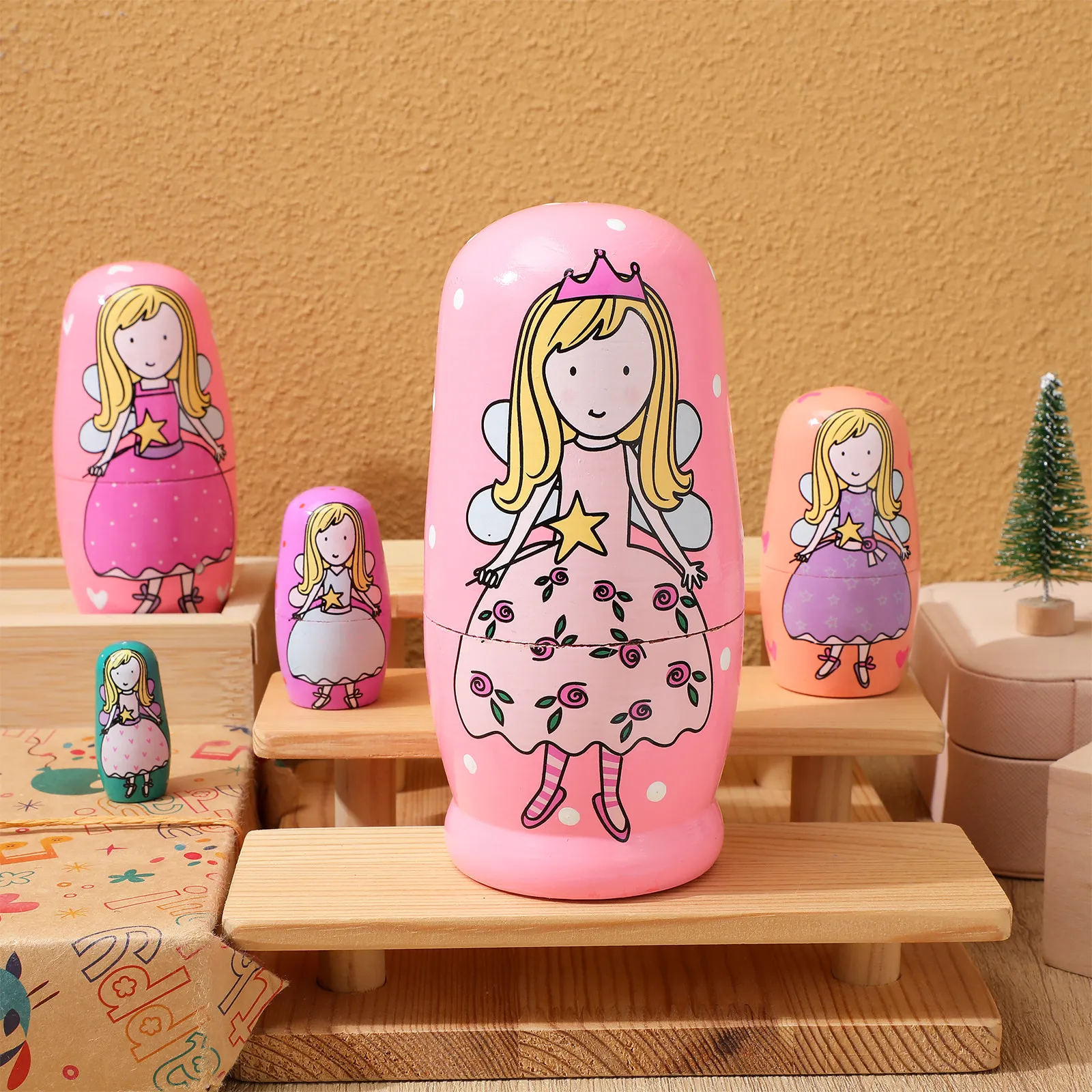 

5pcs Russian Nesting Multicolored Wooden Matryoshka Set For Storage Jewelry Candy Display Decorative Wood Ornaments