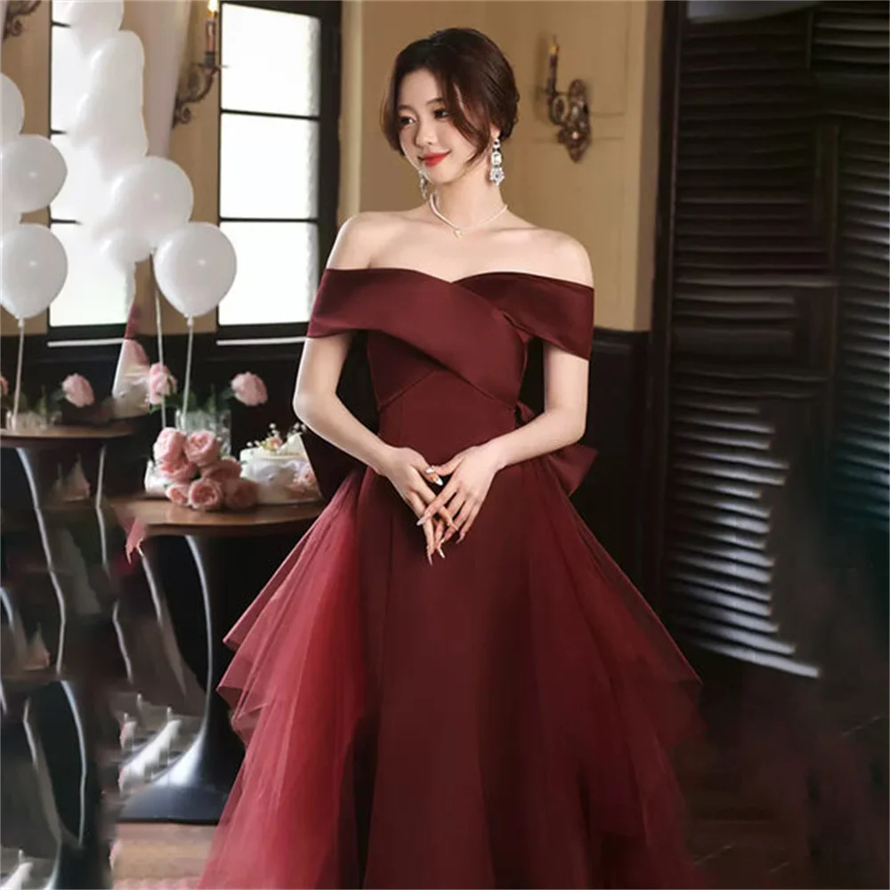 Lily Burgundy Stain Prom Dress Off the Shoulder Party Dress Mermaid Celebrity Gown Pleat Bow Wedding Party Dress вечерние платья