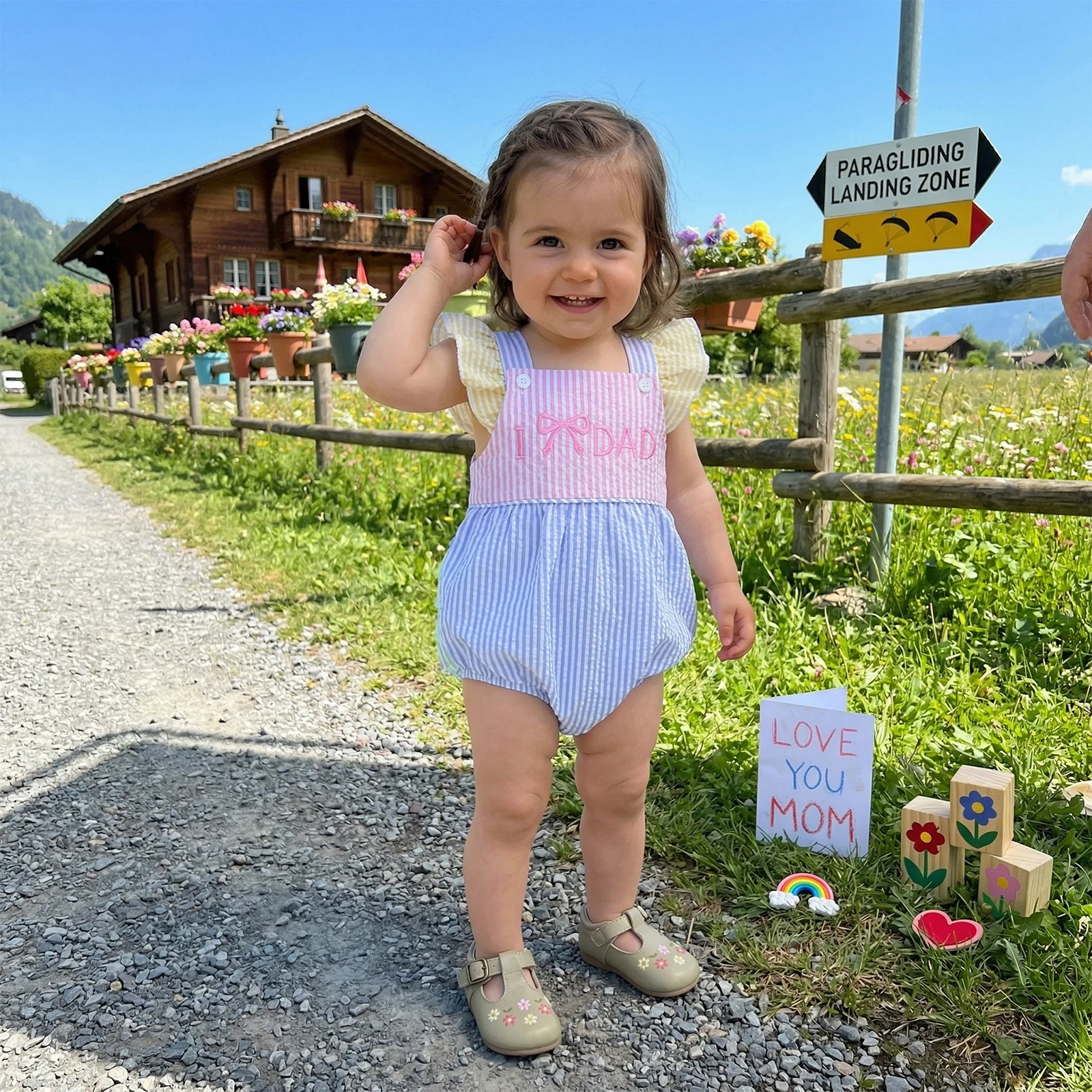 Baby Girls Summer Romper Adorable Letter Bow Embroidery Flying Sleeve Square Neck Striped Jumpsuit