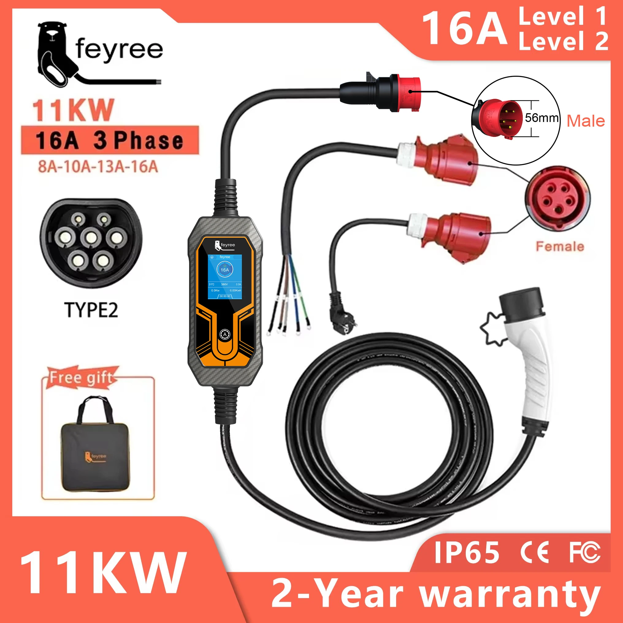 feyree 11KW 16A 3 Phase EV Portable Charger Type2 5M Cable EVSE Charging Box Electric Car Charger CEE Plug for Electric Vehicle