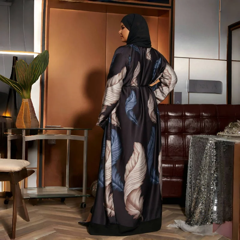 Women Casual Printed Outerwear And Black Inner Two Piece Loose Robes African Long Dress Muslim Fashion Islam Dresses With Scarf