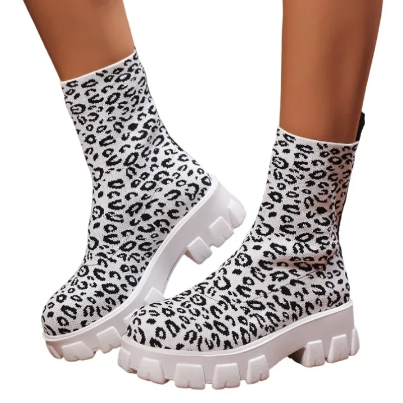 Platform Flats Women Leopard Ankle Boots Knitting Sock Boots Women Shoes Brand New 2025 Trend Classic Chelsea Snow Botas Mujer