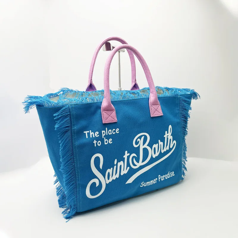 BARTH2024-Sac à Main en Toile pour Femme, Fourre-Tout, Pratique, Plage, Loisirs, Voyage, Grande Capacité, Pompon, Fait à la Main, Nouvelle Collection