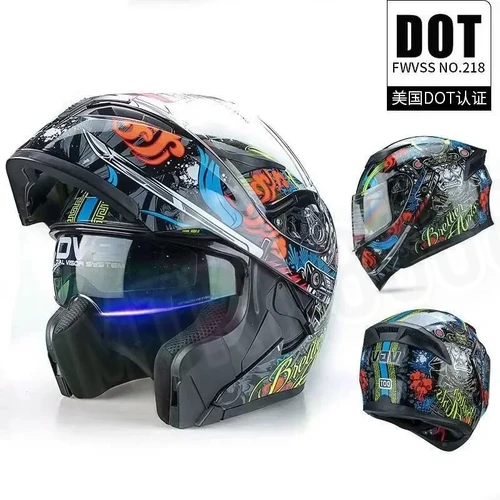Imagen 2 del producto Casco de motocicleta con certificación DOT, casco de sección transversal de doble lente, casco Modular de seguridad con tapa, casco Unisex con visera