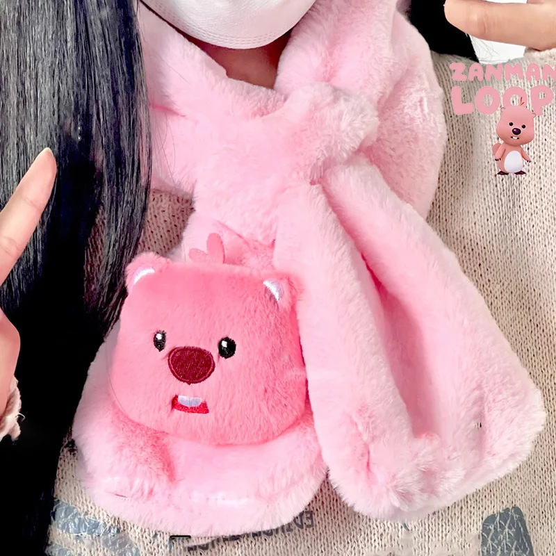 Kawaii Zanmang Loopy Plush Scarf Set Cute Cartoon Beaver Winter Ride Thickened Warm Windbreak Fashion Girl Heart Scarfs Toy Gift