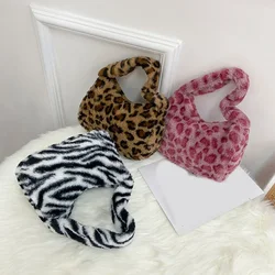 Y2k Korean Plush Retro Leopard Print Bags for Women Underarm Bags Leopard Zebra Pattern Fluffy Tote Bags Small Purses Handbags