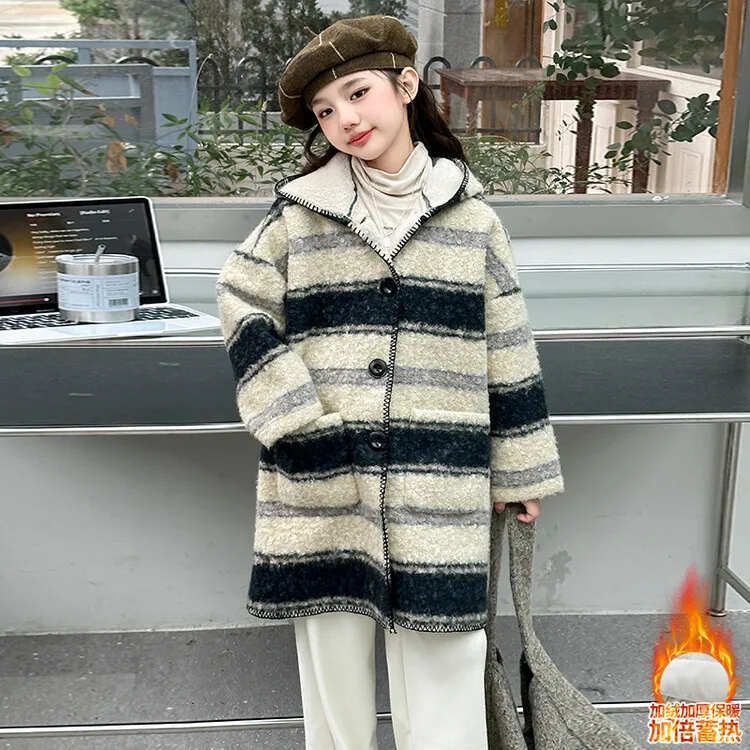 Girls Coat Autumn and Winter Sheep Wool and Cashmere Coat Big Child Thick Coat Daughter Medium Long Stripes Clothes Fashion