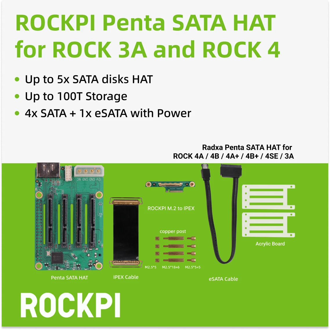 ROCKPI Penta SATA HAT — До 5 дисков SATA HAT для Raspberry Pi 5 и ROCK Pi SBCs, 3C,5A, 4A / 4B / 4SE / 4A+ / 4B+ / 3A