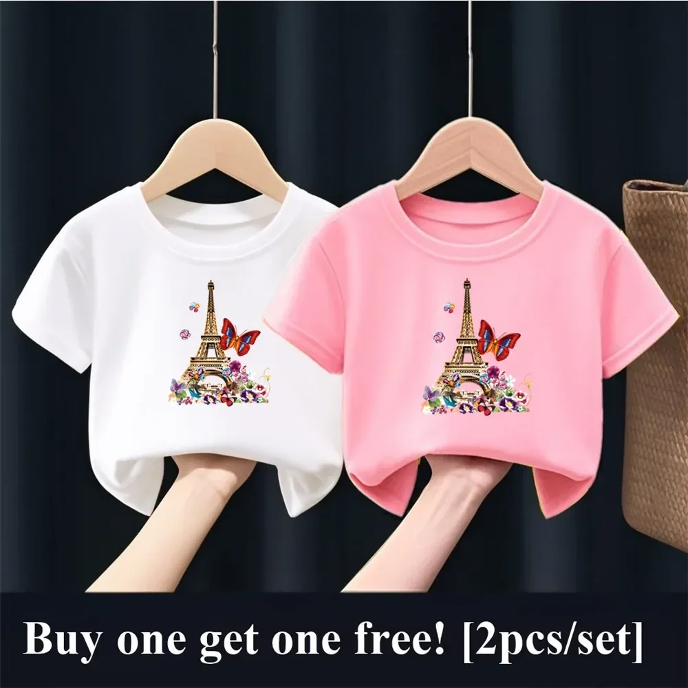 2pcs/pack Girls Paris Eiffel Tower Butterfly Print Graphic T Shirt Kids Short Sleeve Sister Matching Outfit Friend Party Tops