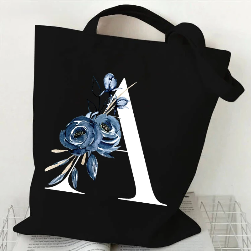 Sac à main de shopping pour femmes A-Z 26 Alphabet Floral Designer Sacs pour femmes 26 Initiales Fleurs Essentiel Toile Shopping Sacs fourre-tout